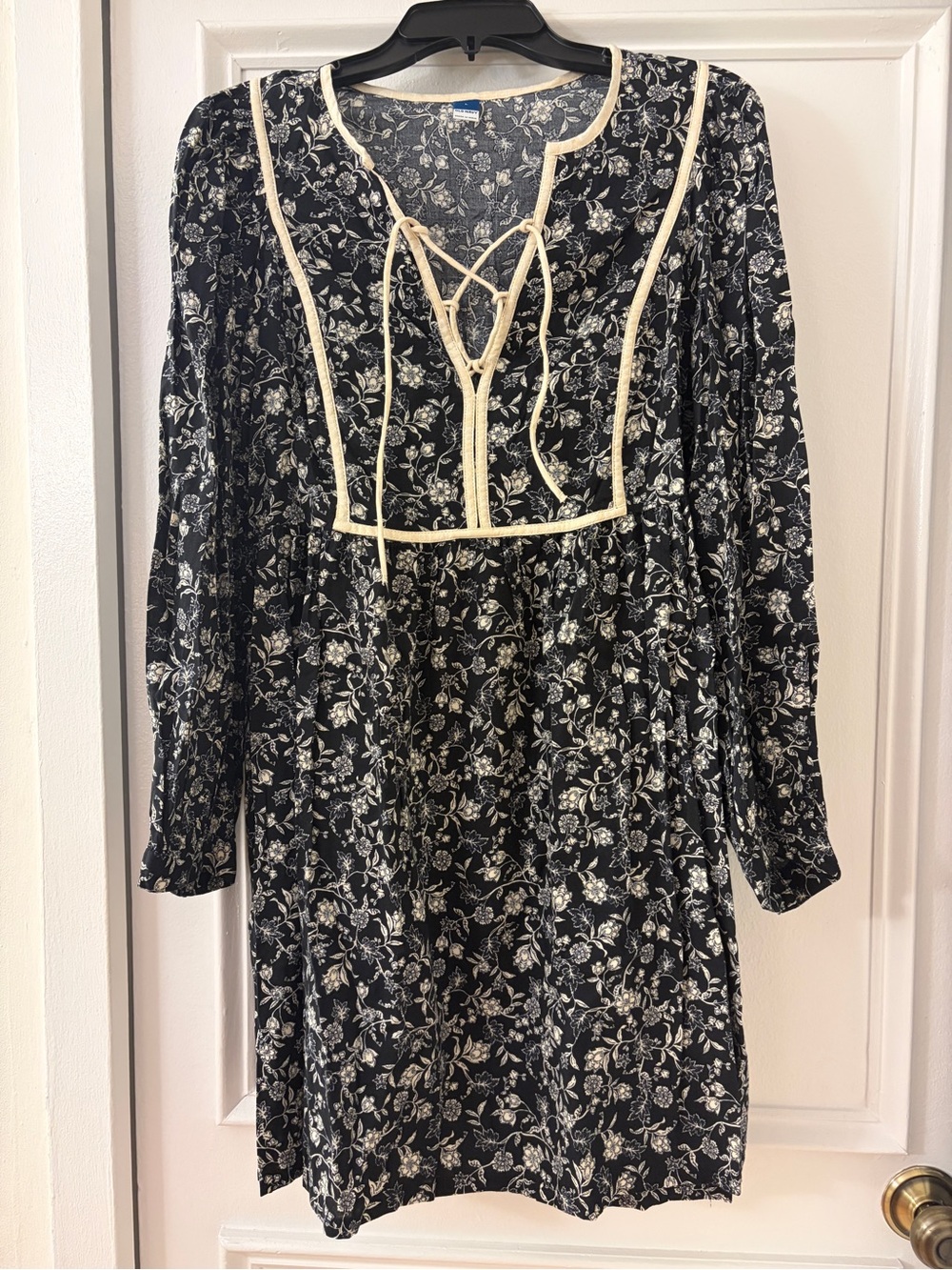 Black Floral Long-Sleeve Tunic Dress with Cream Trim